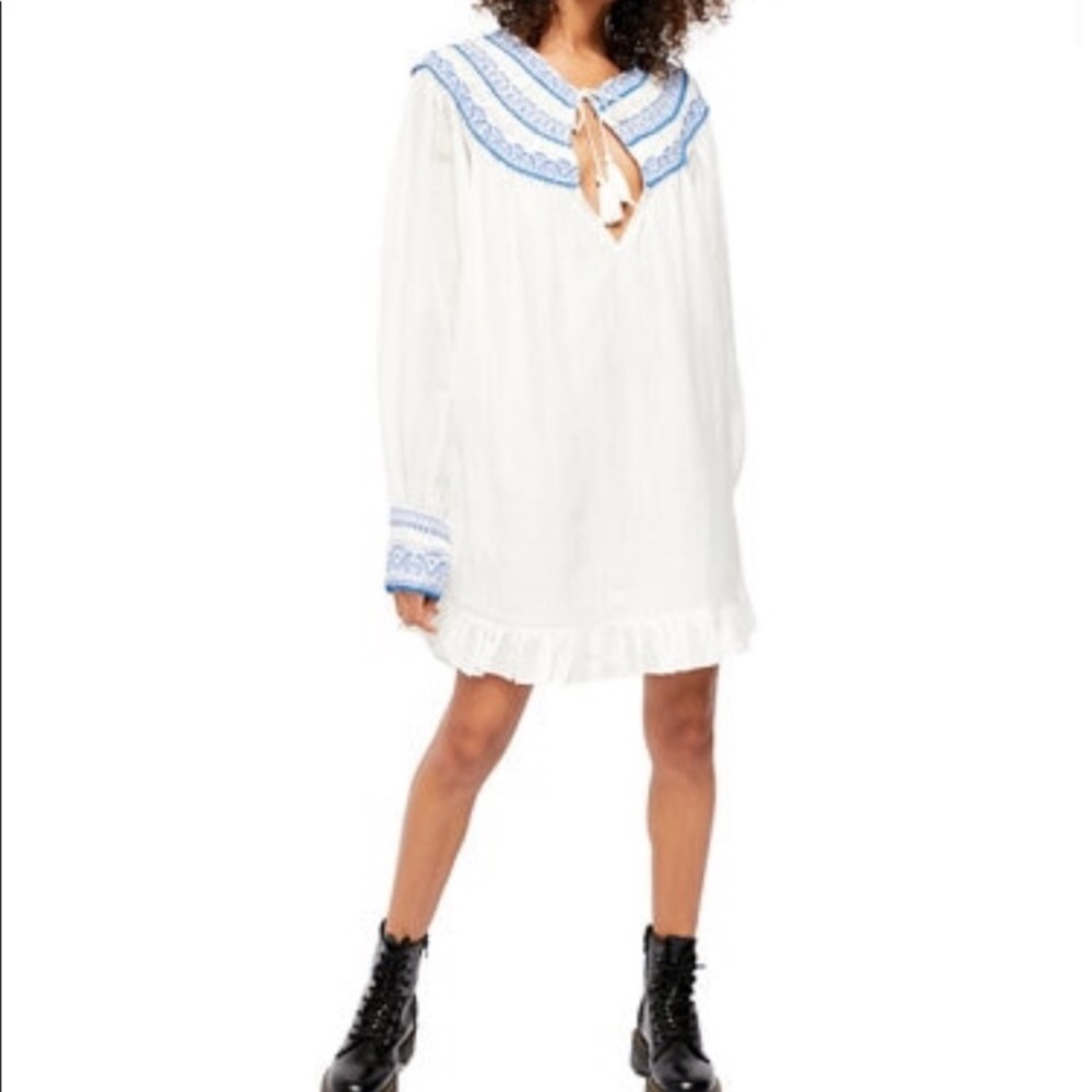 NWT Free People Erin Embroidered Mini Dress Cotton Viscose Ivory Combo L - Picture 2 of 16